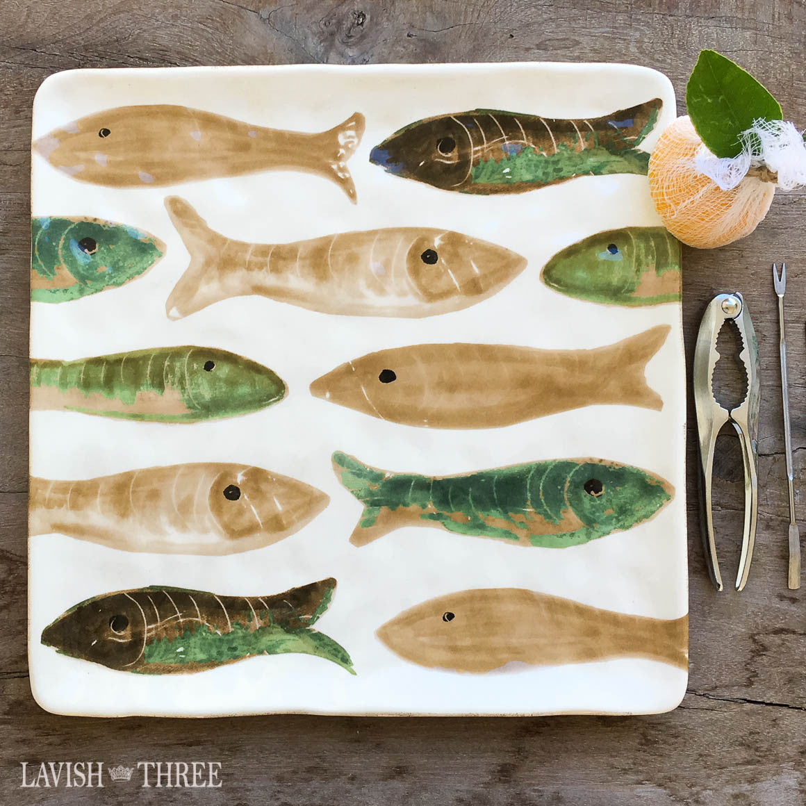 Large 13 square stoneware watercolor painted fish serving platter - Lavish  Three