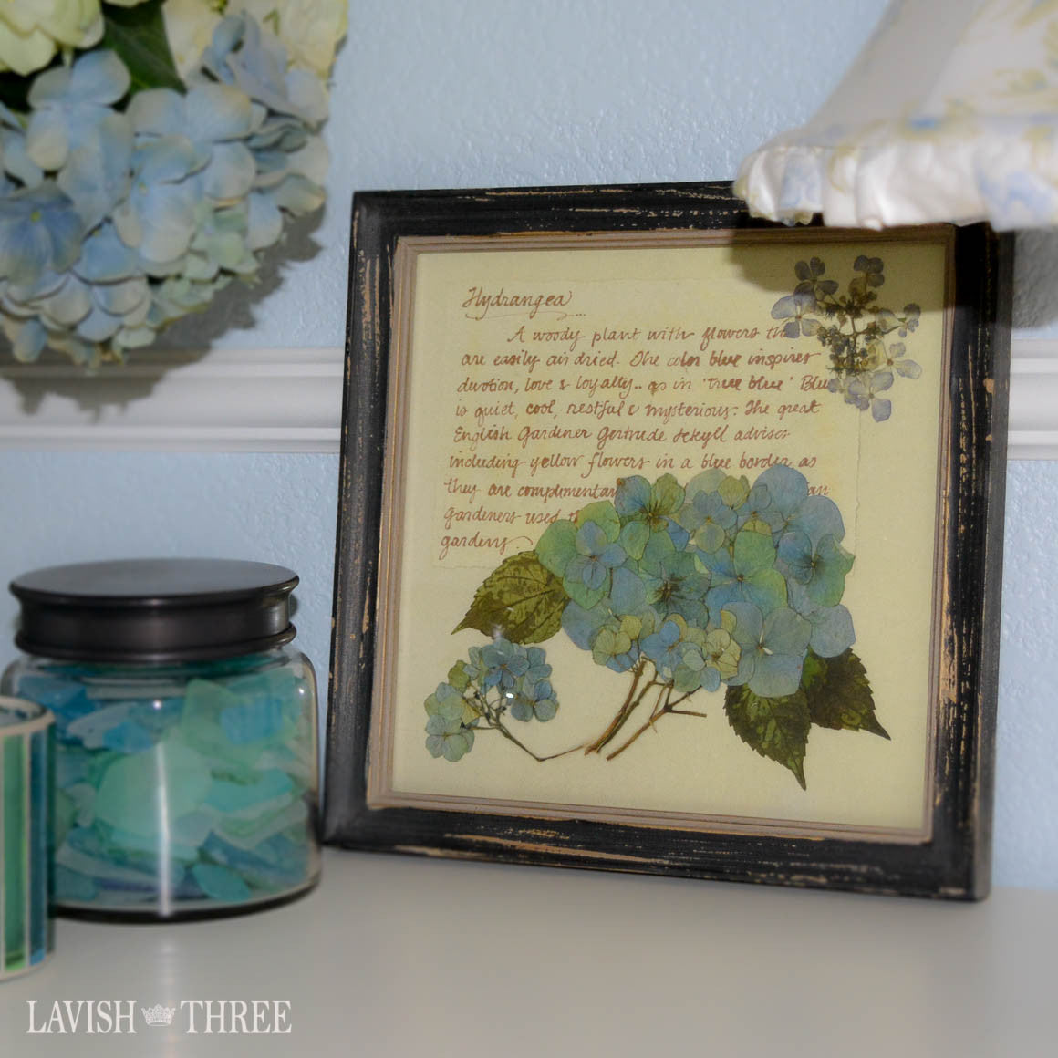 Blue hydrangea framed botanical floral print cottage chic vintage decor Lavish three 3