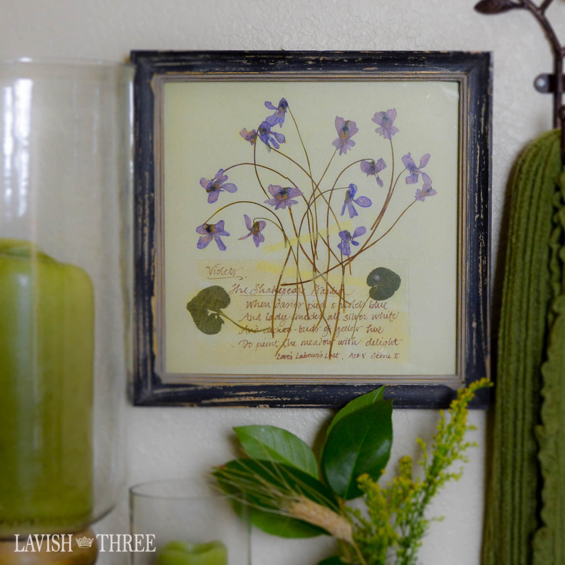 Violet vintage floral botanical print in cottage chic wood framed wall art decor