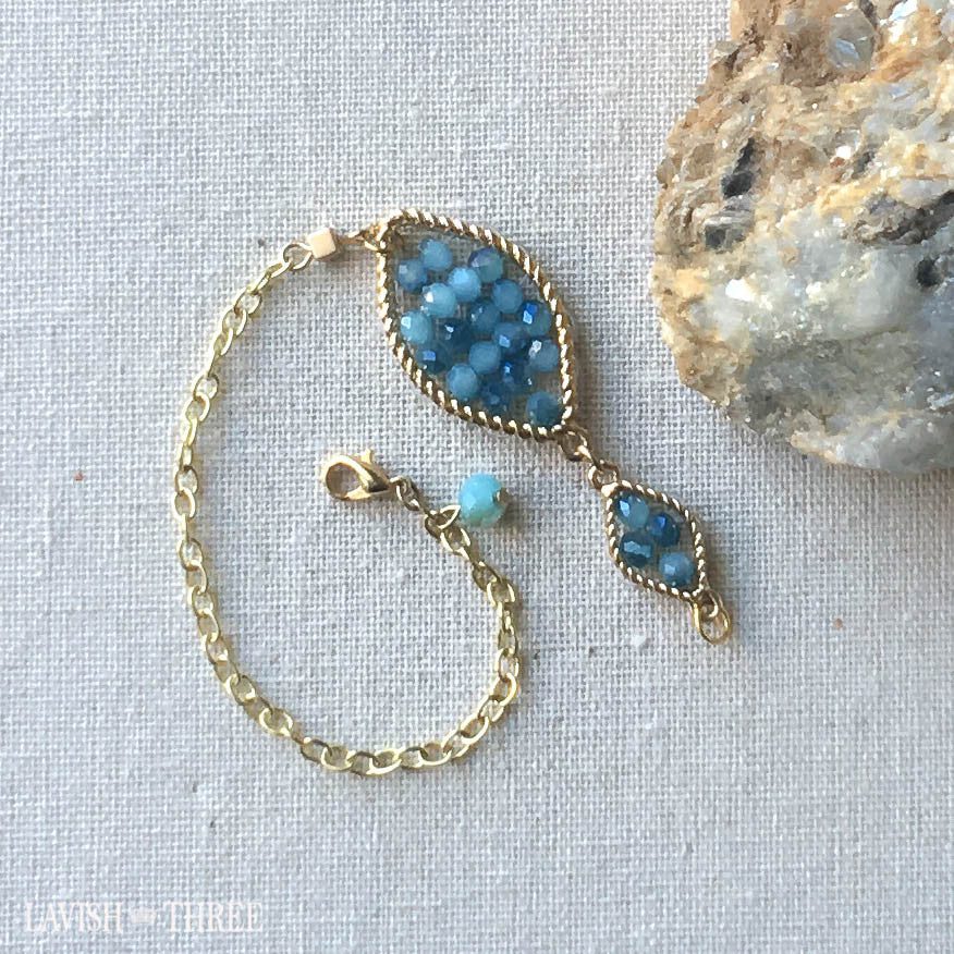Gold necklace and bracelet set blue beaded pendant lavish three 3