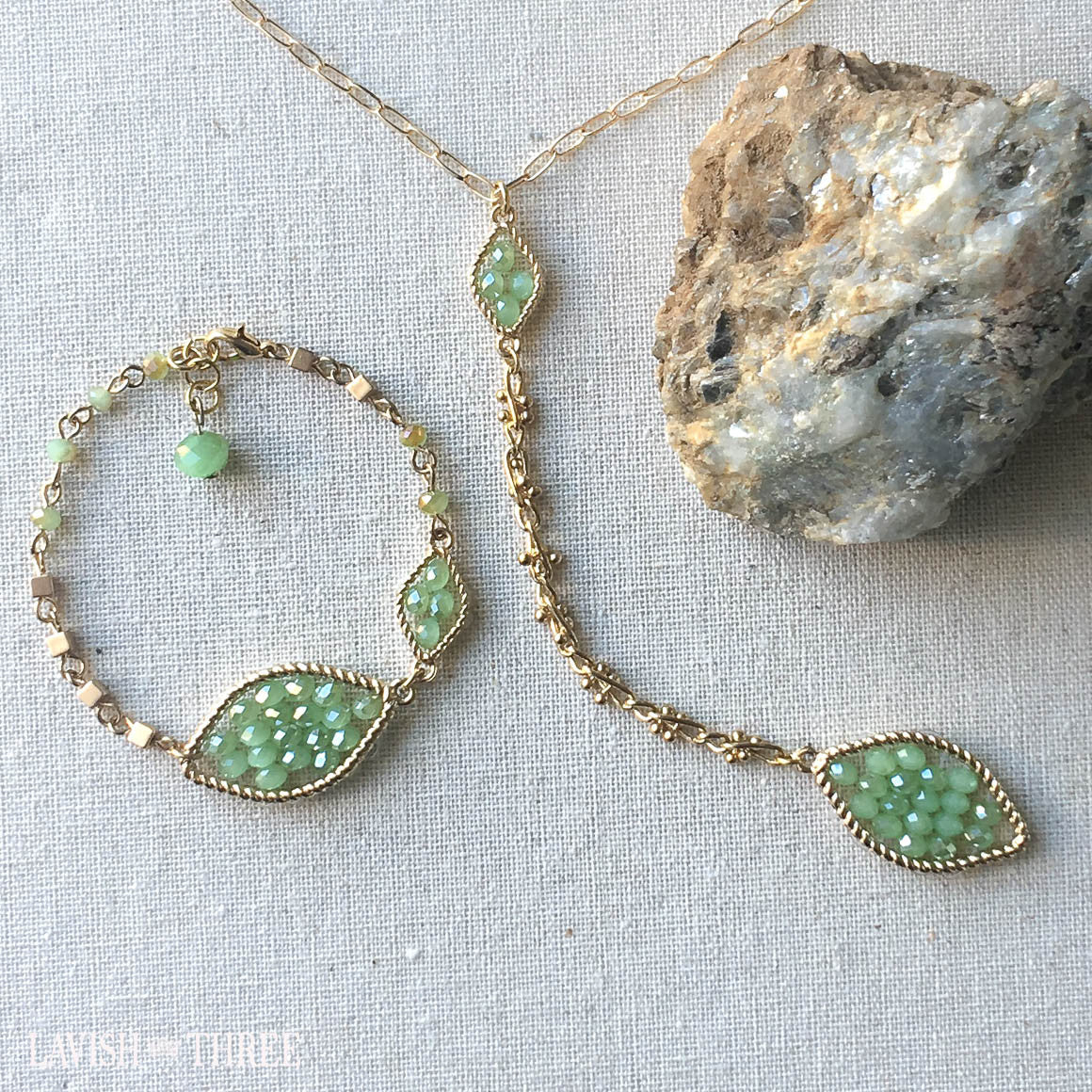 Gold necklace and bracelet set with green beads pendant lavish three 3