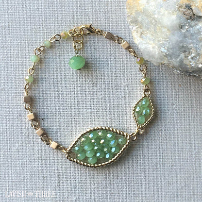 Gold necklace and bracelet set with green beads pendant lavish three 3