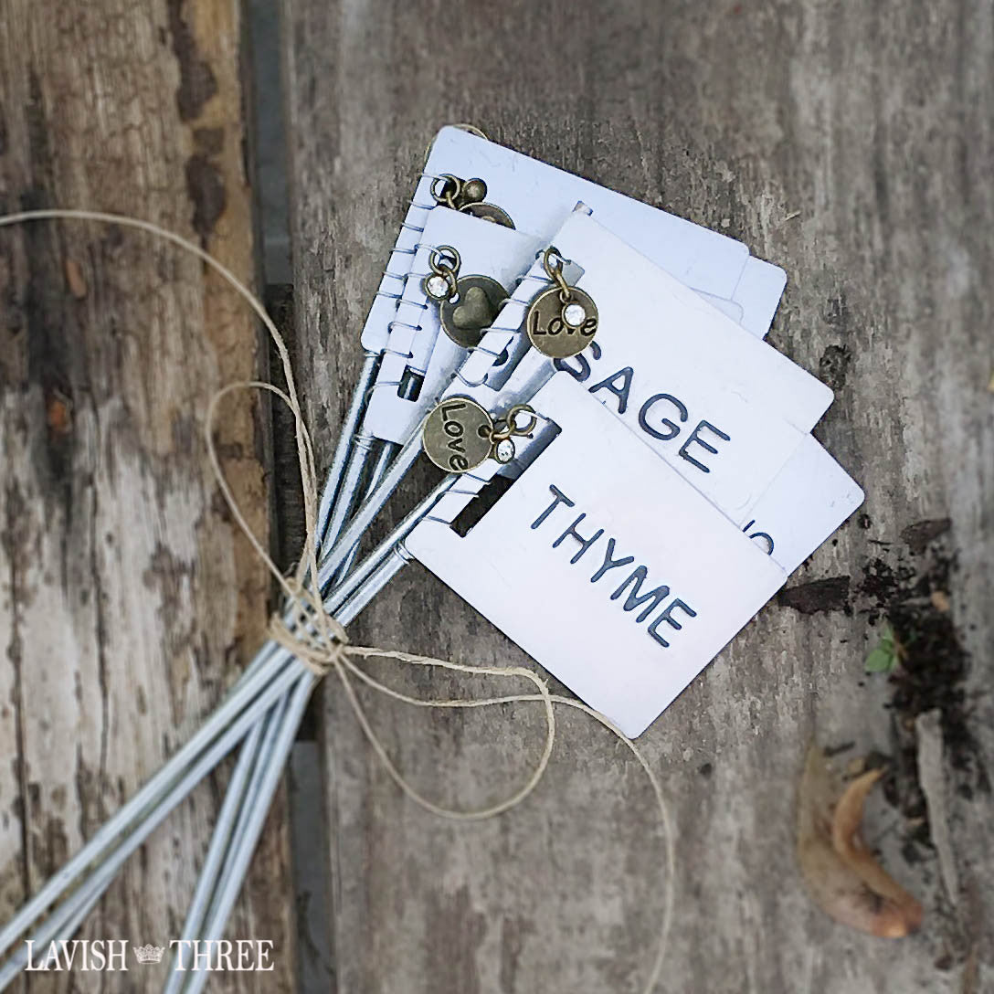 Set of 6 distressed metal garden herb post stakes thyme sage oregano rosemary dill basil Lavish Three 3 