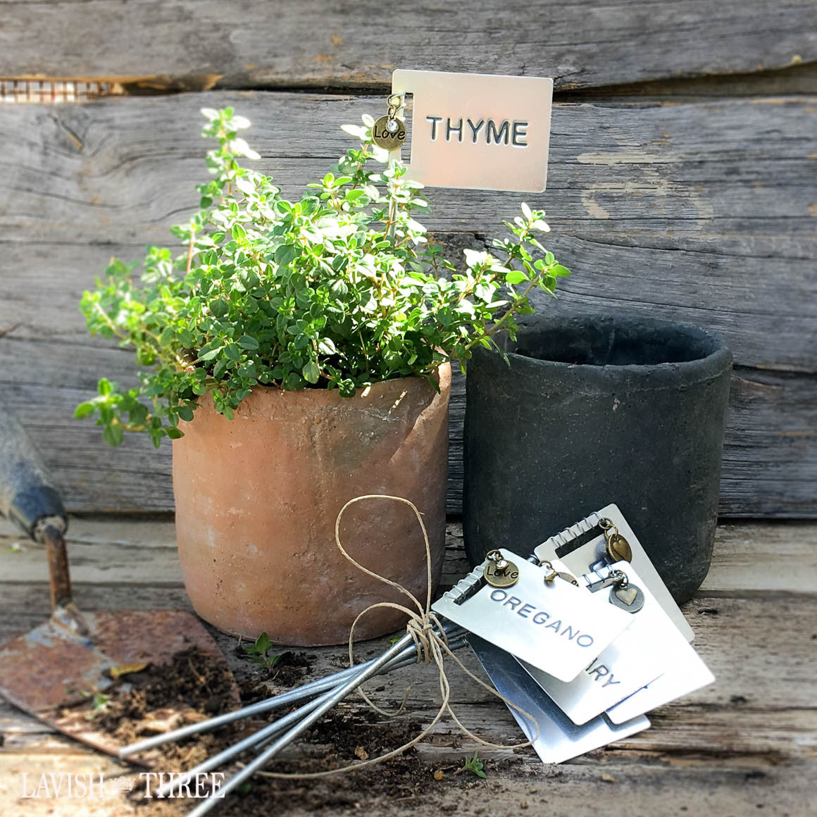Set of 6 distressed metal garden herb post stakes thyme sage oregano rosemary dill basil Lavish Three 3 
