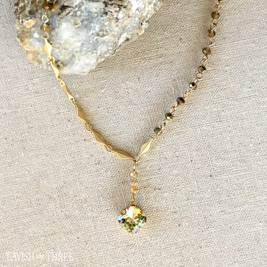 brushed gold and crystal bead accents with large brilliant pendant charm, Lavish Three