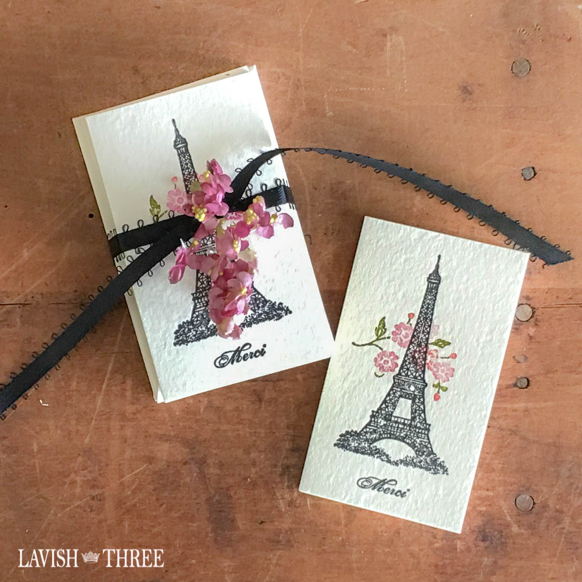 French Paris inspired stamped note cards, Eiffel tower, Lavish Three 3