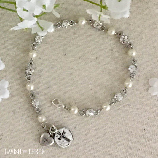 Silver and pearl bracelet with heart and cross charm Lavish three 3