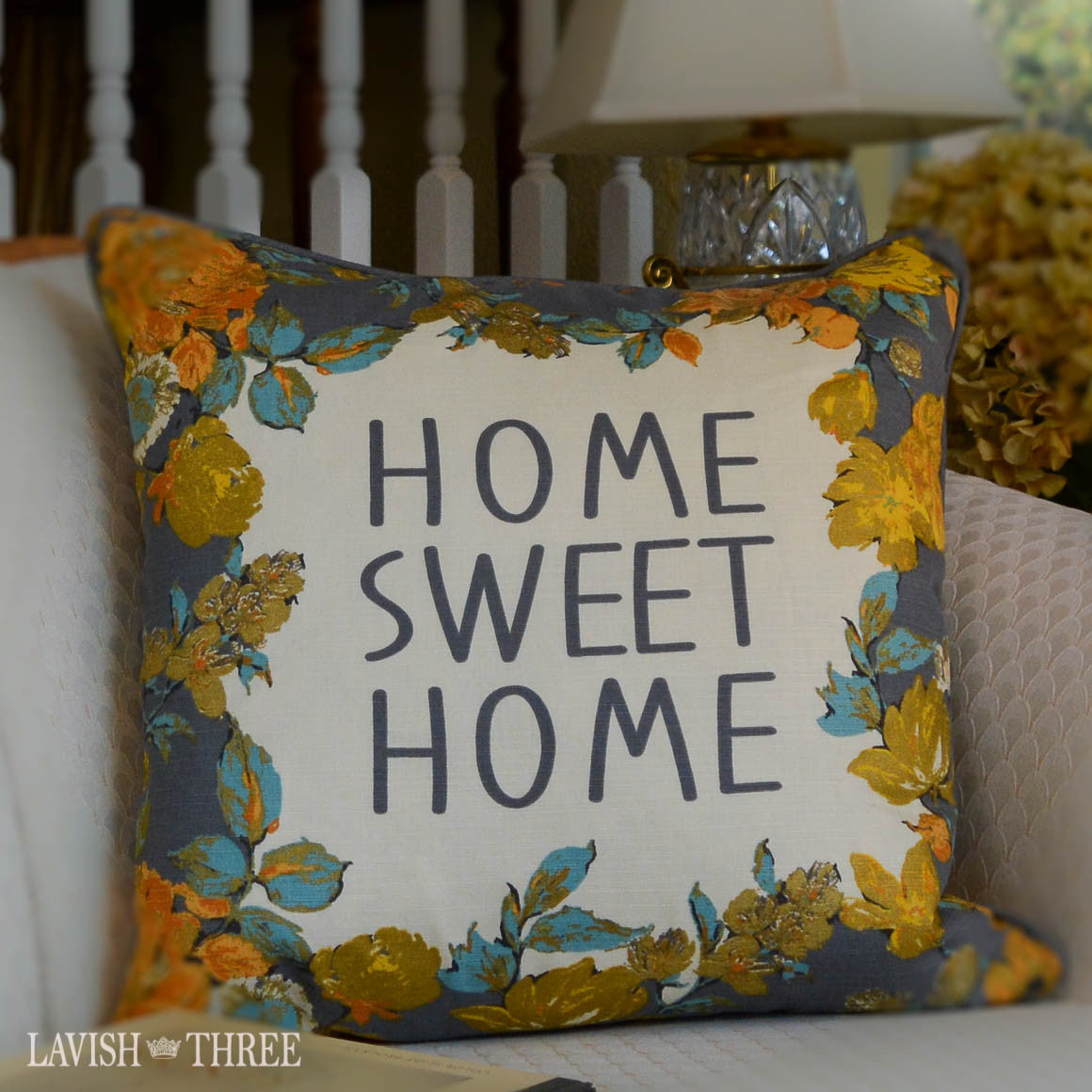 Home Sweet Home large square decorative throw pillow with florals