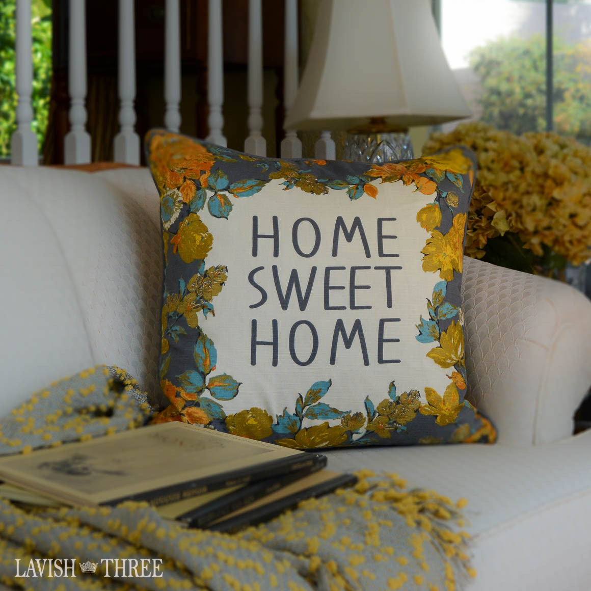 Home Sweet Home large square decorative throw accent pillow with florals