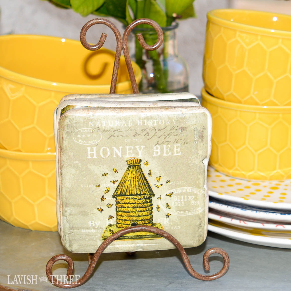 Charming cottage style honey bee resin coaster 5 piece set with stand -  Lavish Three