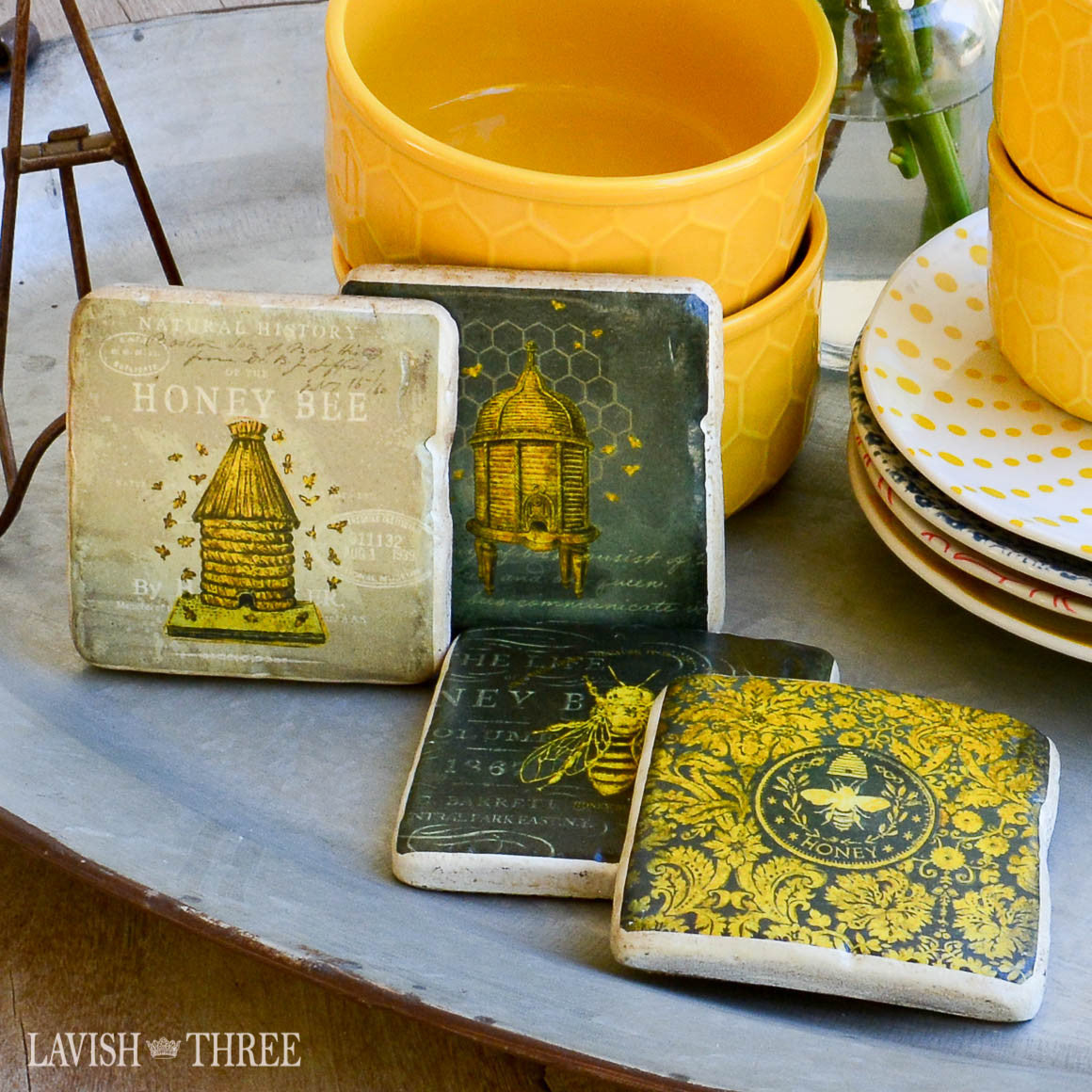 Cottage style honey bee 5 piece coaster set with stand