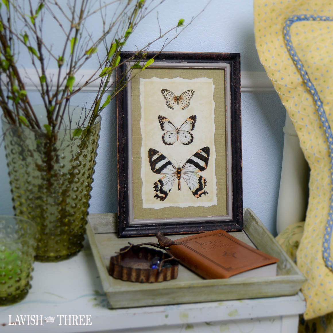 Distressed wood frame black butterfly vintage insect print wall art decor