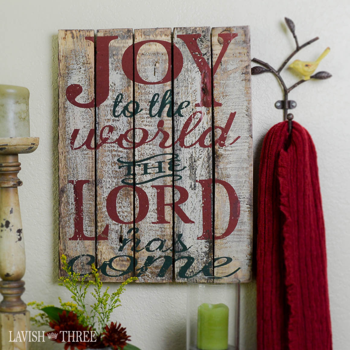 Holiday Joy to the world the Lord has come Christmas wall art painted on distressed wood