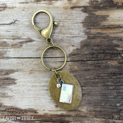 Antique brass keychain keyring postcard lavish three 3