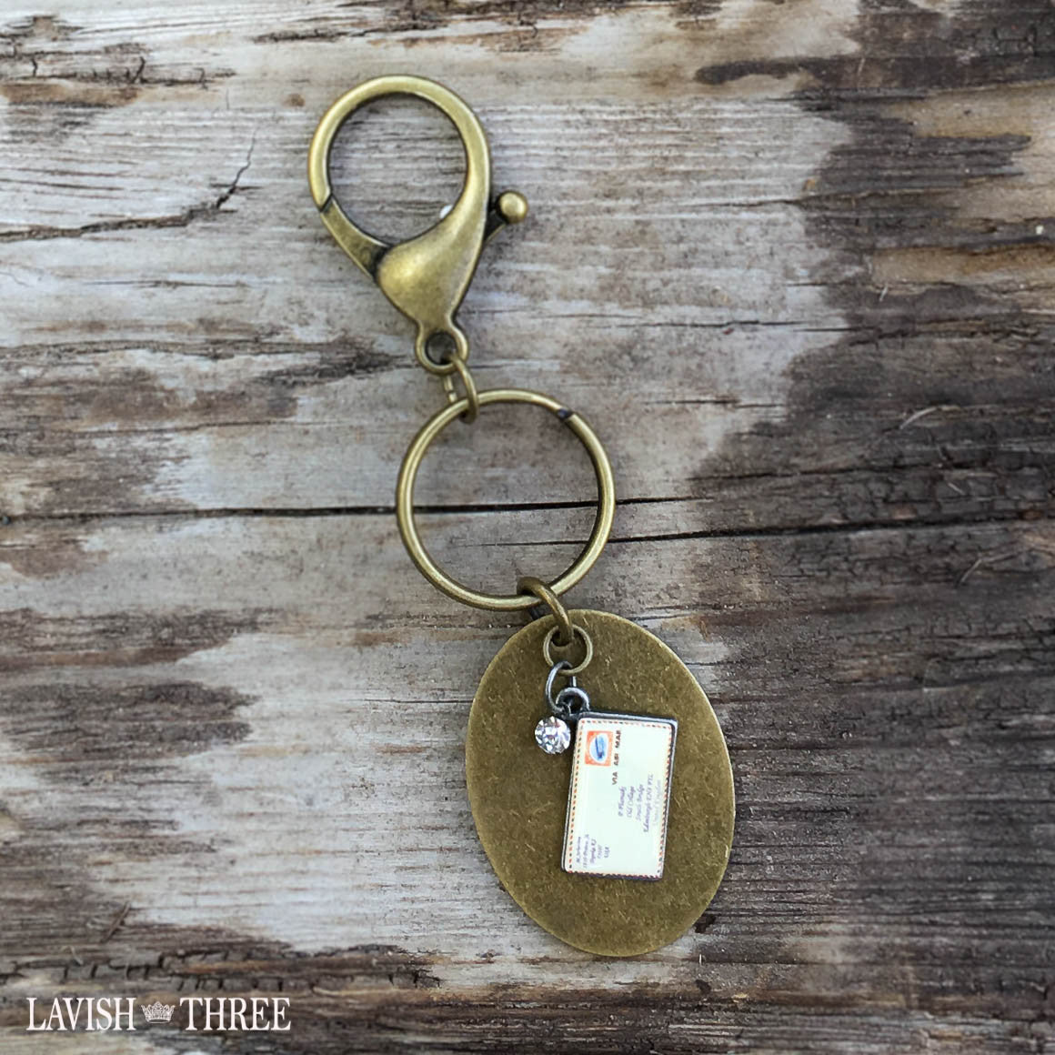 Antique brass keychain keyring postcard lavish three 3