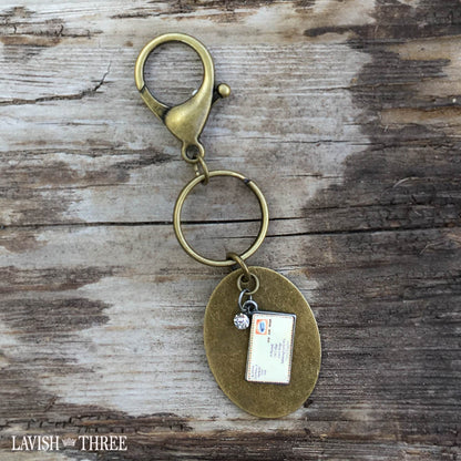 Antique brass keychain keyring postcard lavish three 3