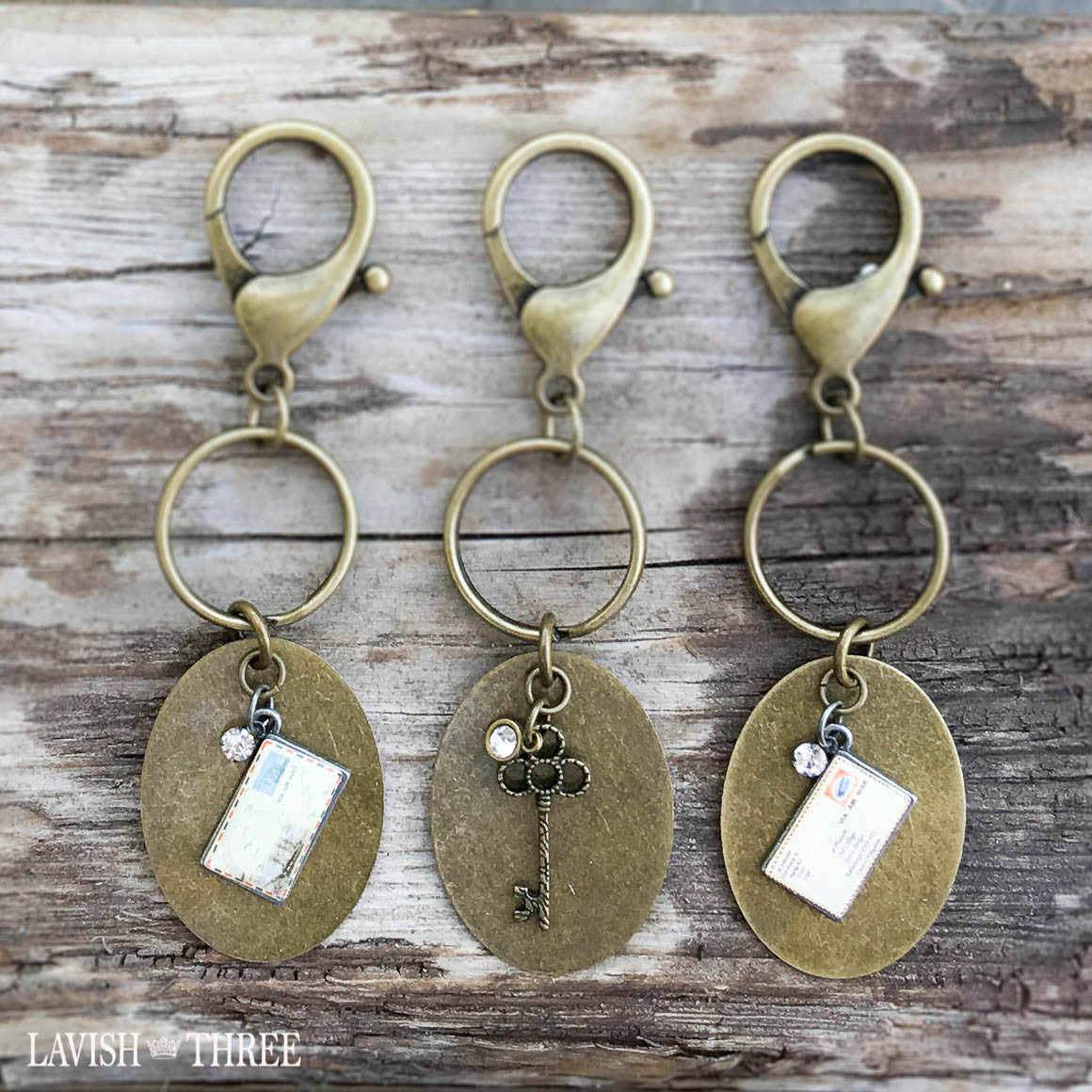 Antique brass keychain keyring postcard lavish three 3