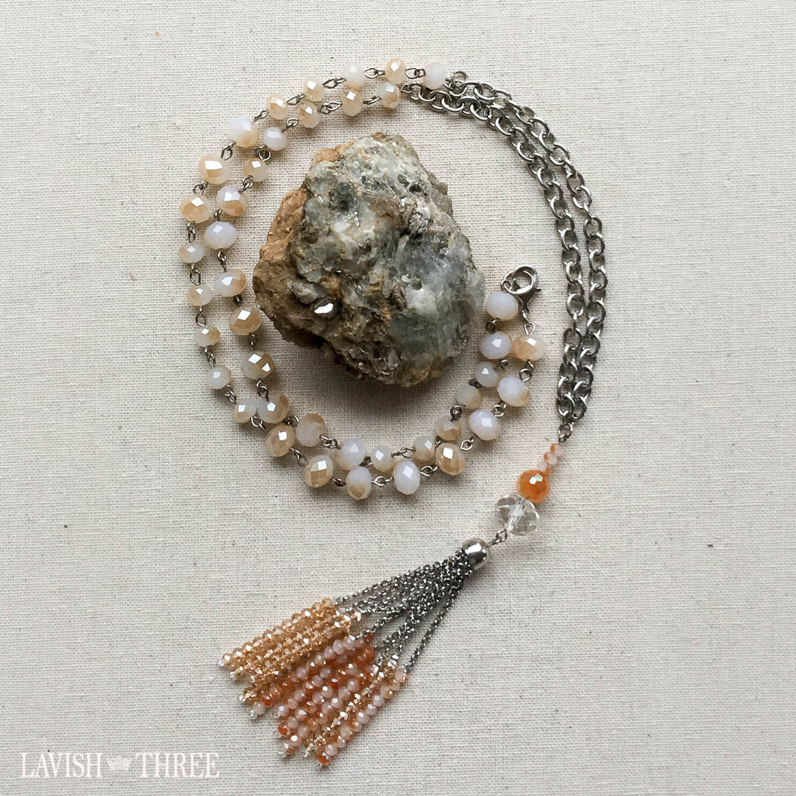 large cream crystal beads on long lariat pendant necklace, Lavish Three
