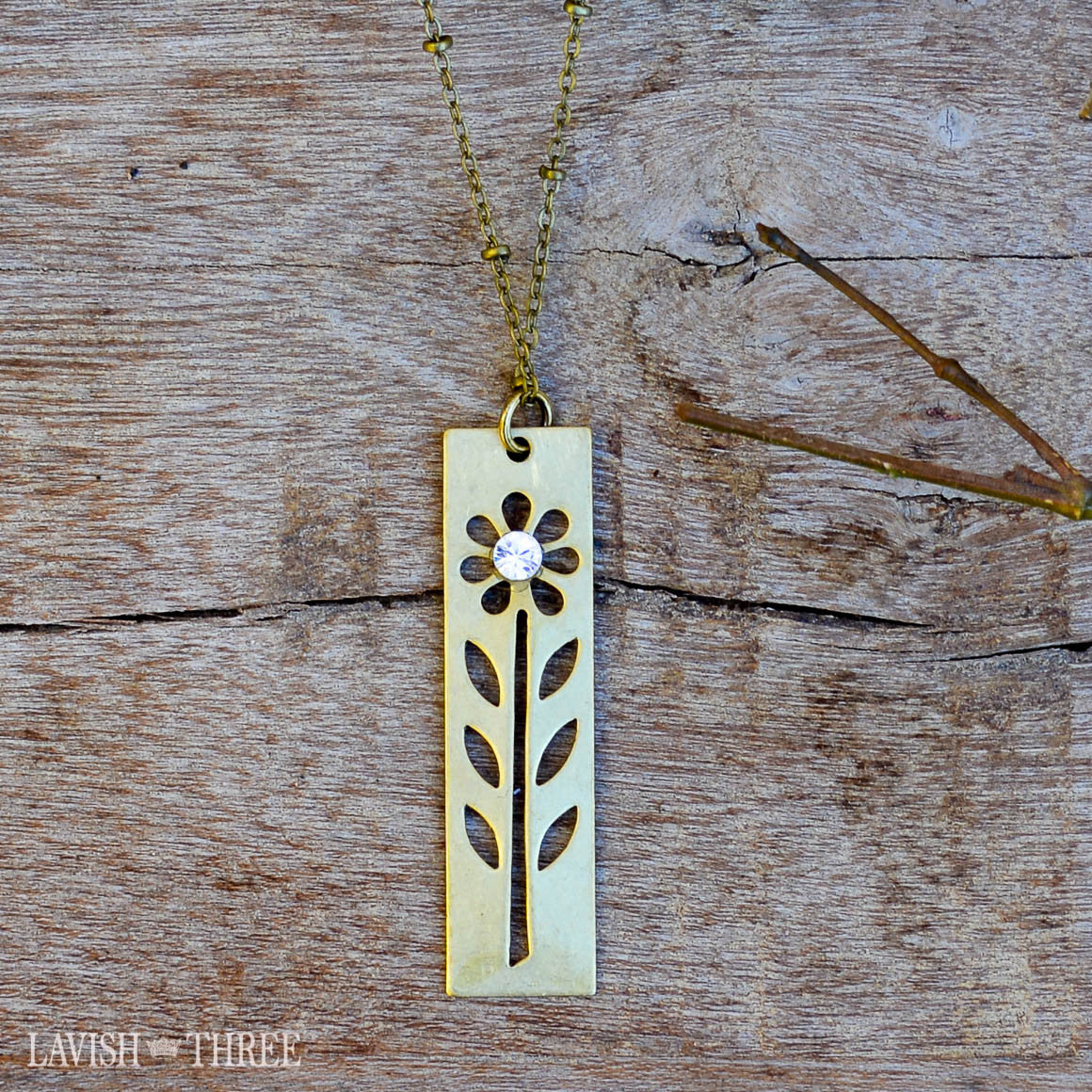 antique gold short necklace with cut out daisy and crystal pendant, Lavish Three