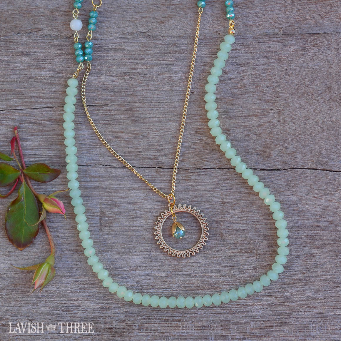 Harvest gold chain necklace, blue and green beads