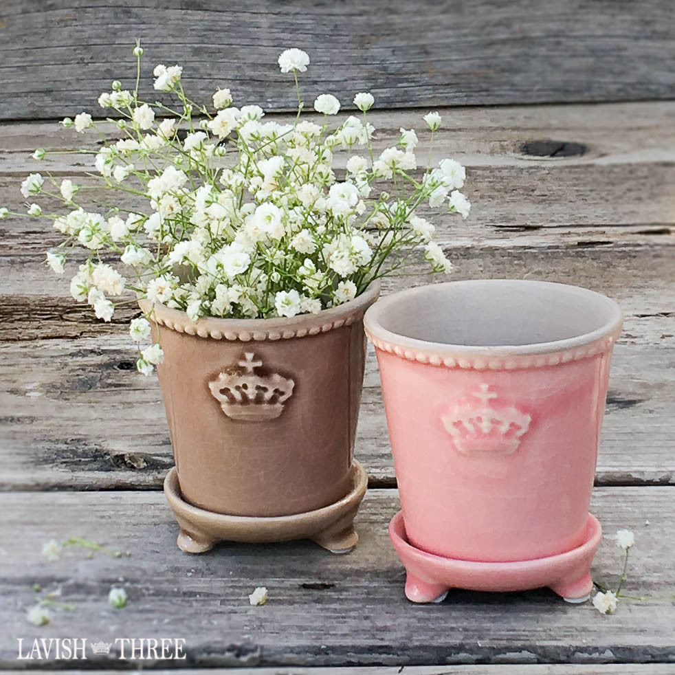 Crown mini ceramic garden planter pots pink and brown