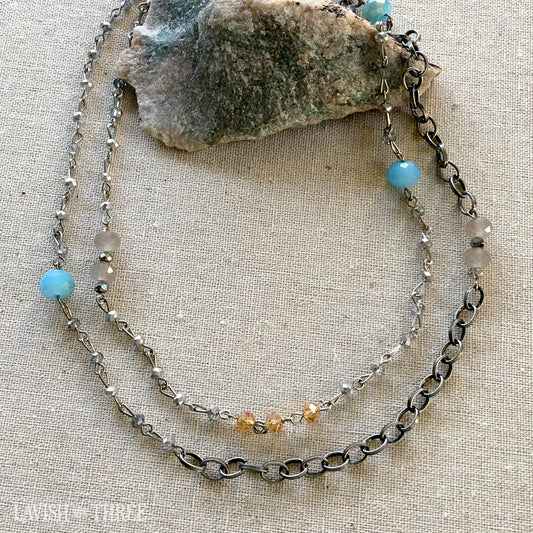 long silver necklace with blue multi colored crystal beads, Lavish Three 