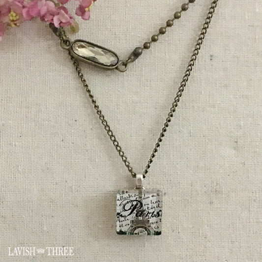 Paris eiffel tower scrabble piece charm on burnished gold chain with crystal Lavish three 3
