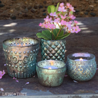 patina blue mercury glass votive candle holder set lavish three 3