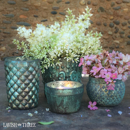 patina blue mercury glass votive candle holder set lavish three 3