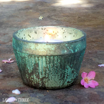 patina blue mercury glass votive candle holder set lavish three 3