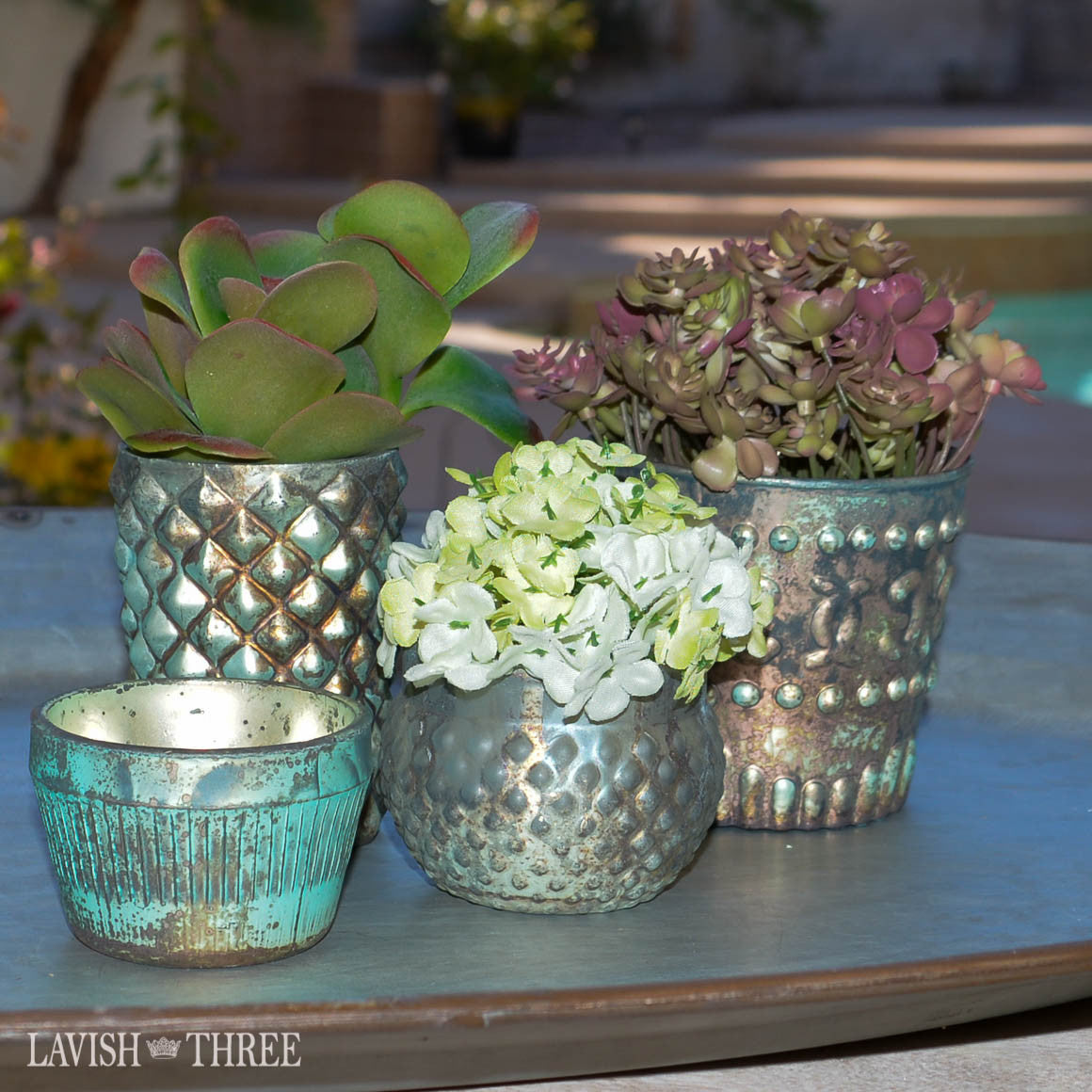 Aqua patina mercury glass votive candle holder set lavish three 3