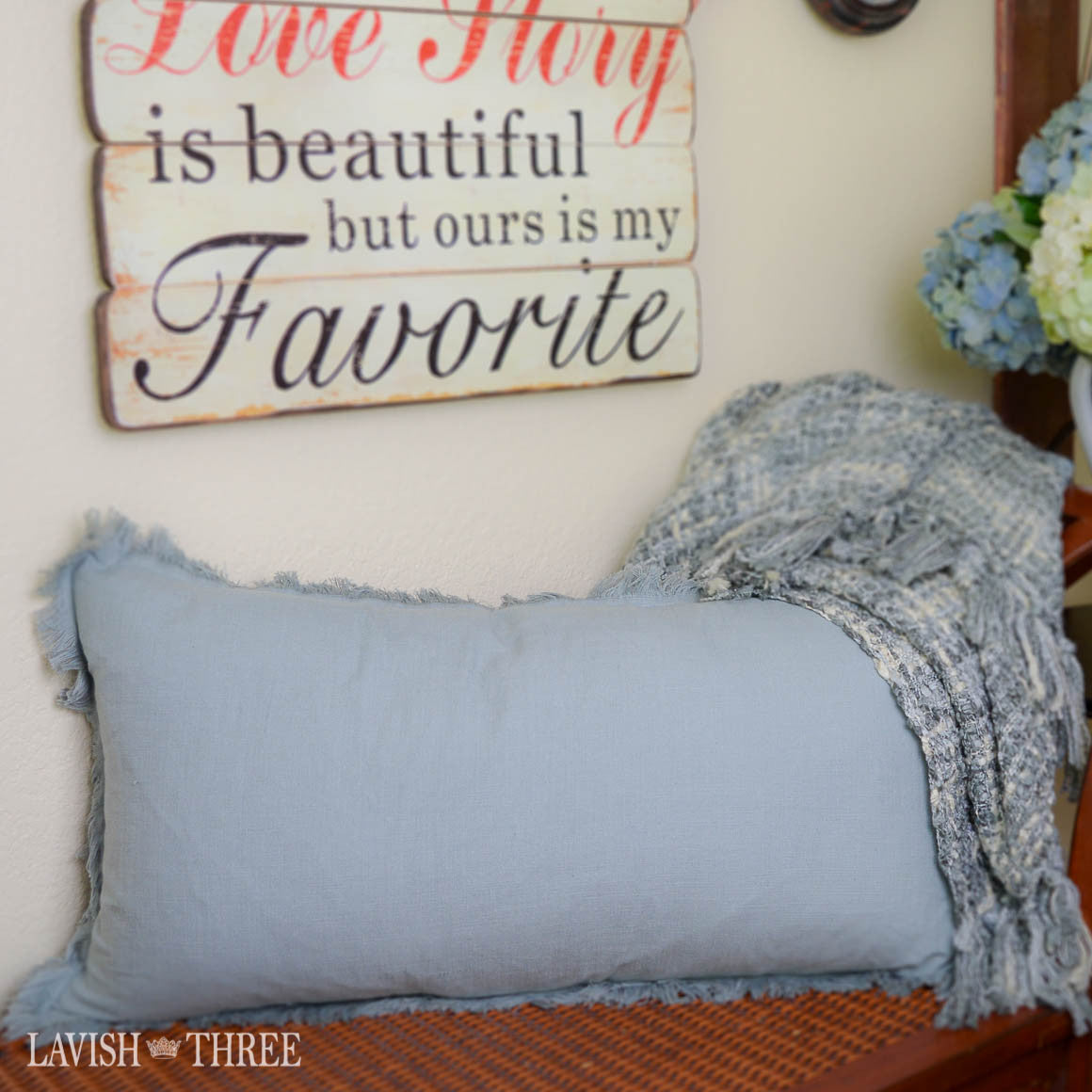 Slate blue linen-like oblong pillow with fringe