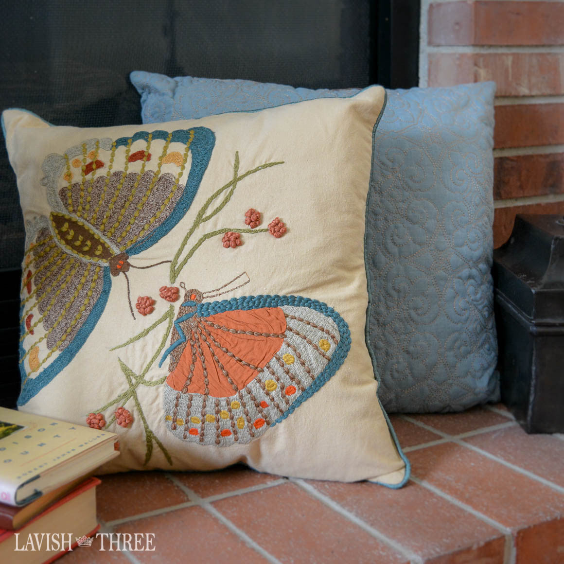 Butterfly in blue embroidered applique decorator throw pillow set