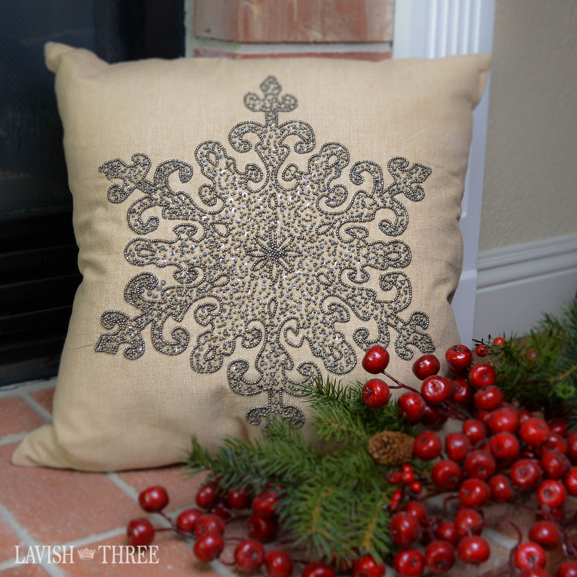 Silver metallic beaded snowflake burlap pillow christmas lavish three 3