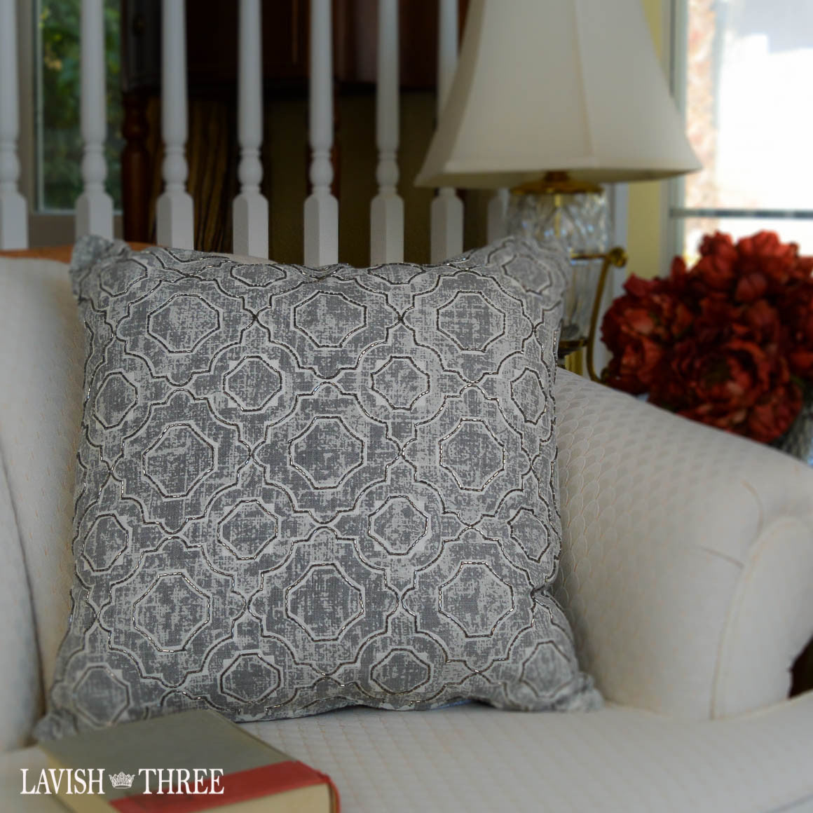 Geometric Gray beaded elegant throw accent pillow