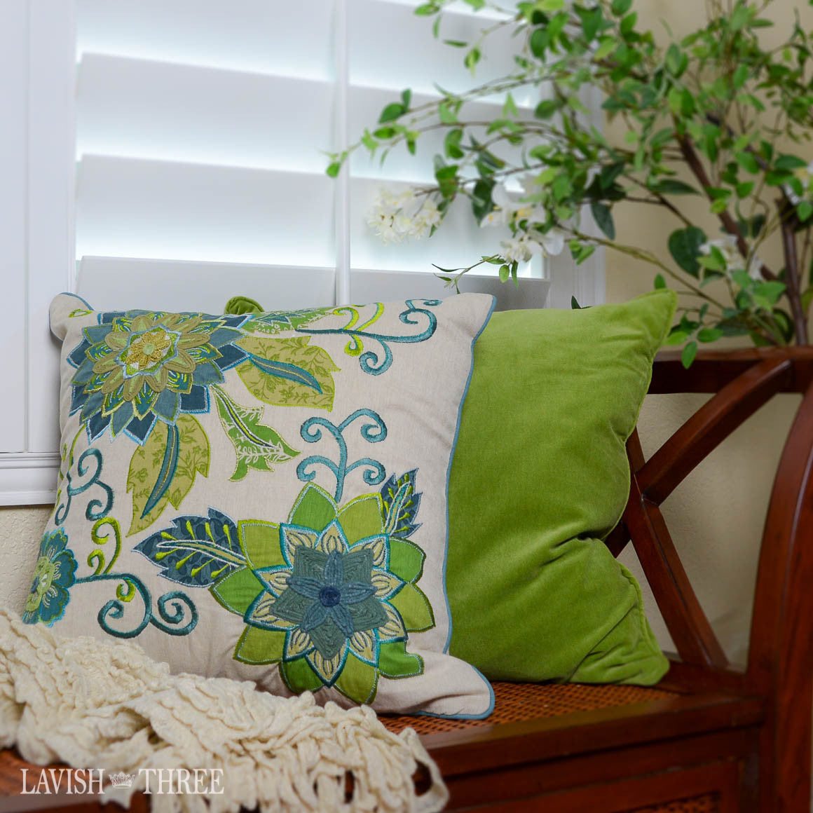 Sage green velvet square pillow with teal floral pillow
