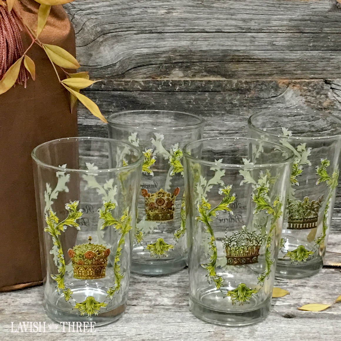 Royal crown mini orange juice glasses with inspirational sayings lavish three 3