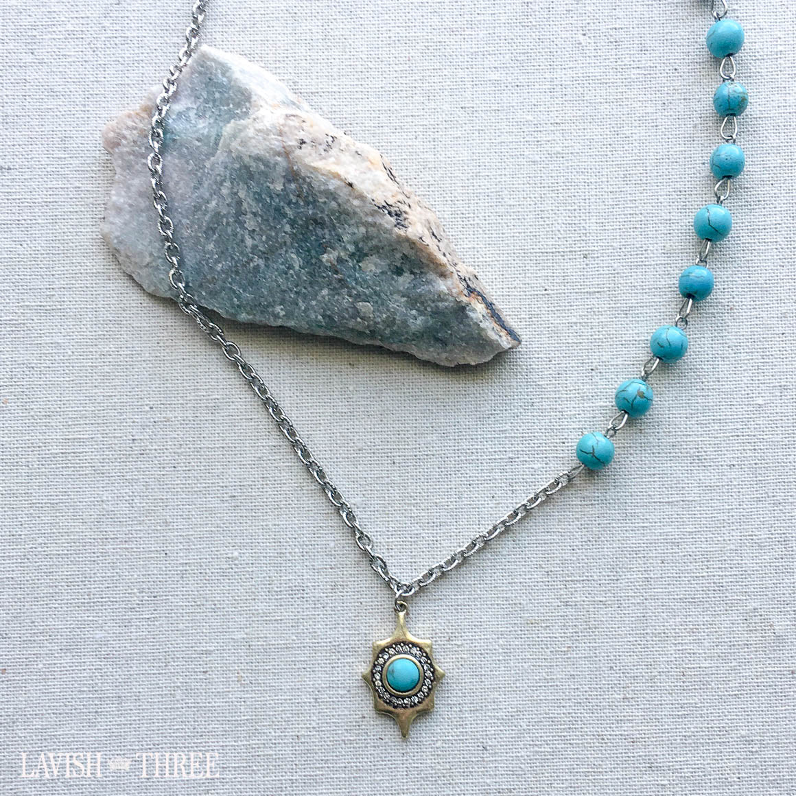 Turquoise and silver chain with gold crystal pendant necklace one of a kind jewelry lavish three 3