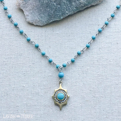 Silver turquoise bead necklace with charm pendant one of a kind jewelry lavish three 3