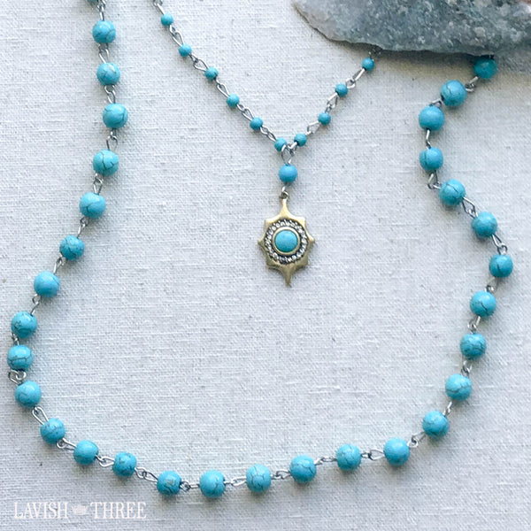 Silver turquoise bead necklace with gold crystal pendant charm ooak ...