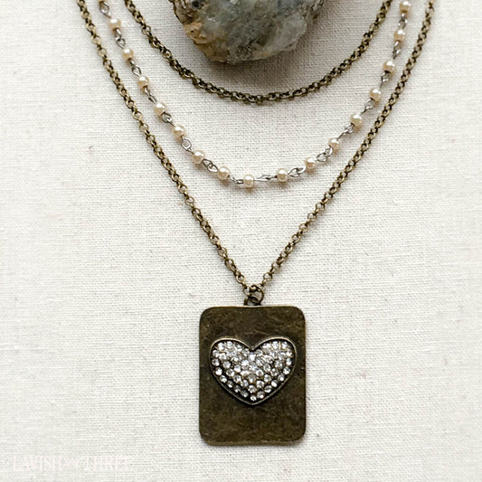 triple strand antique gold and pearl necklace, dog tag heart pendant, Lavish Three