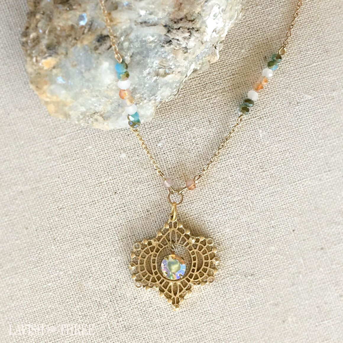 short gold filigree pendant necklace with radiant charm, Lavish Three