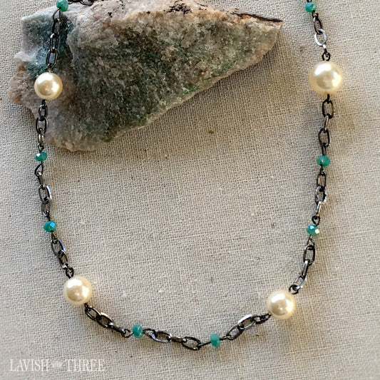 gunmetal short necklace with large pearls and beads, Lavish Three