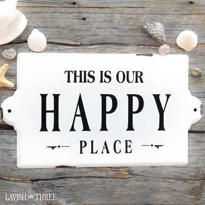 Shabby French cottage style distressed metal Happy Place white sign