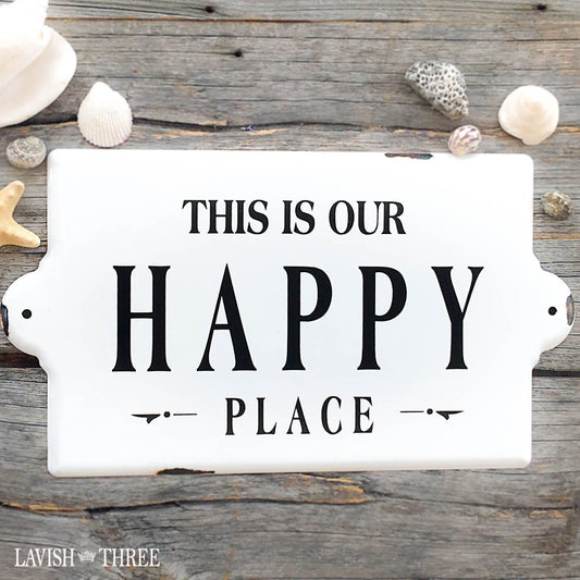 Shabby French cottage style distressed metal Happy Place white sign