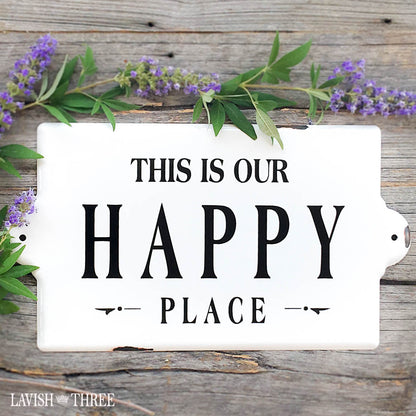 Shabby French cottage style distressed metal Happy Place white sign