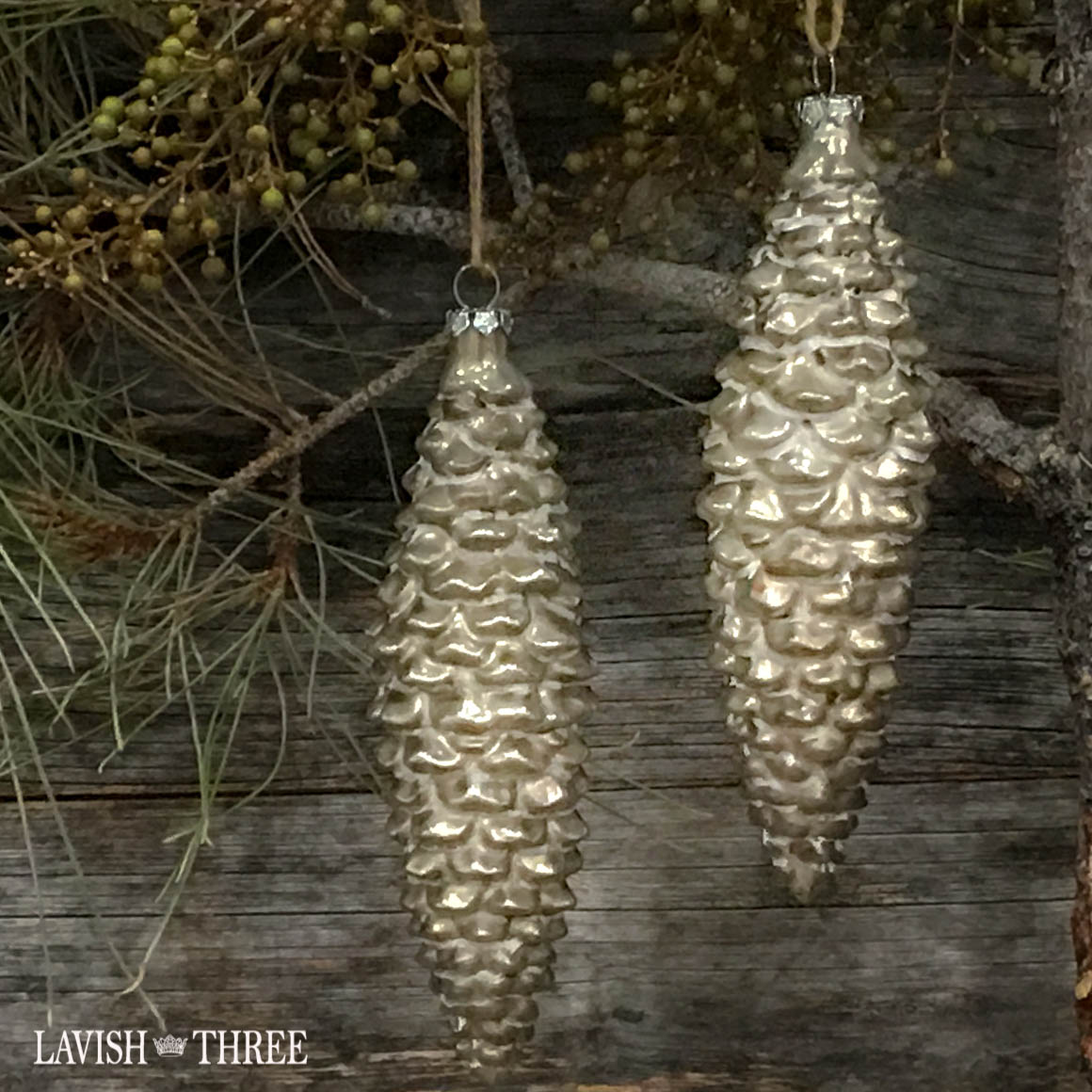 Tidings of JOY ~ silver mercury glass pinecone ornaments ~ set of 2