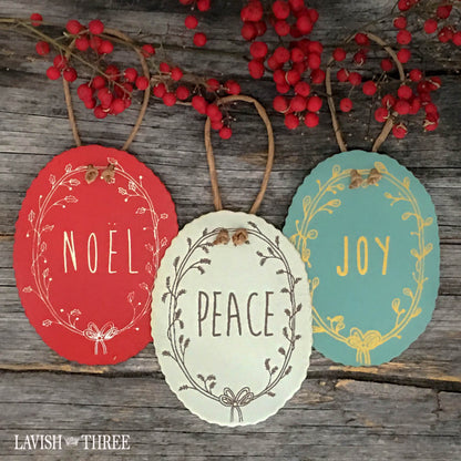 Tin holiday christmas tree ornaments gift tag in Noel, Peace & Joy lavish three 3