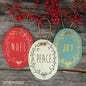 Tin holiday christmas tree ornaments gift tag in Noel, Peace & Joy lavish three 3