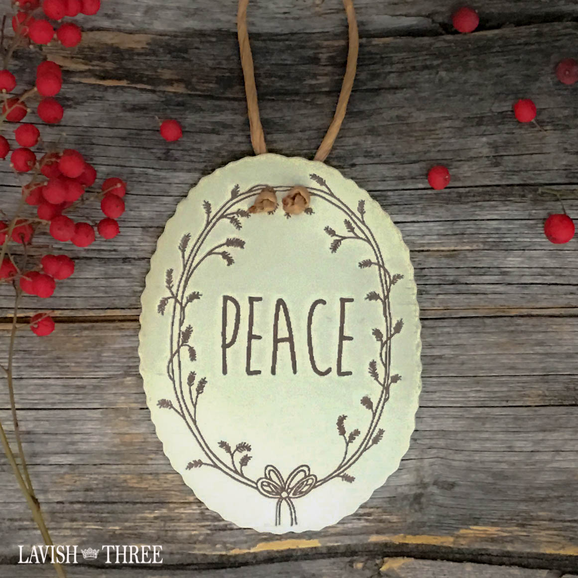Tin holiday christmas tree ornaments gift tag in Noel, Peace & Joy lavish three 3